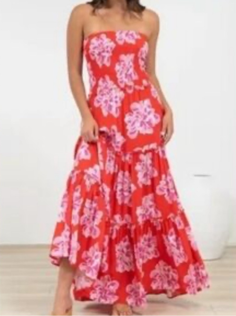 NWT New Anthropology Abel The Label Strapless Red  & Pink Floral Maxi Dress XL - Picture 2 of 16
